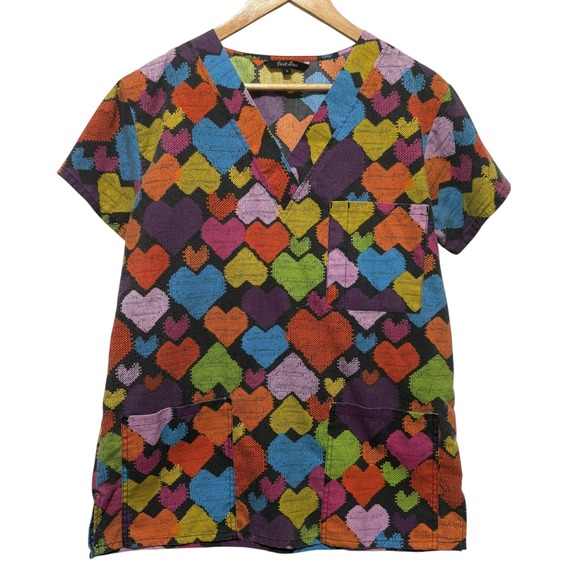 Just Love Women Scrub Top S Multicolor Heart Print Nurse Medical Uniform Pockets - Picture 1 of 7
